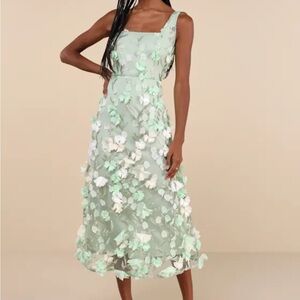 Lulu's Elite Cutie Mint Green Mesh 3D Floral Embroidered Midi Dress